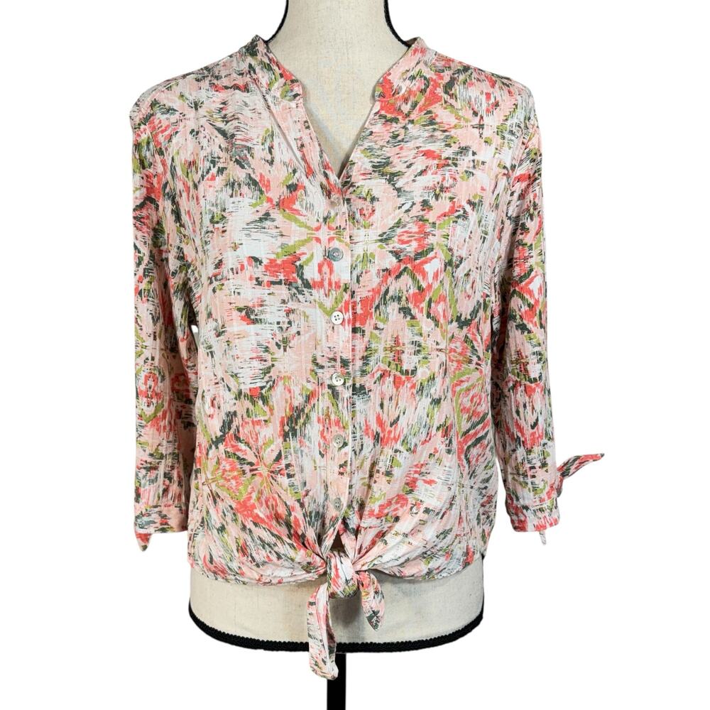 Allison Daley Petite Large Top Button-Up Hi-Low Hem Tie Front Abstract V-Neck